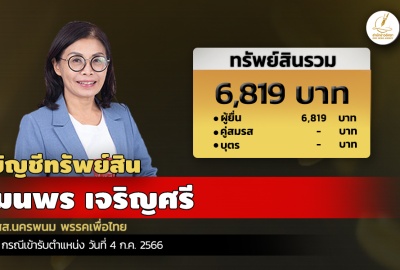 INFO: ทรัพย์สิน 6,819 บาท. 'มนพร เจริญศรี 'สส.นครพนม พรรคเพื่อไทย